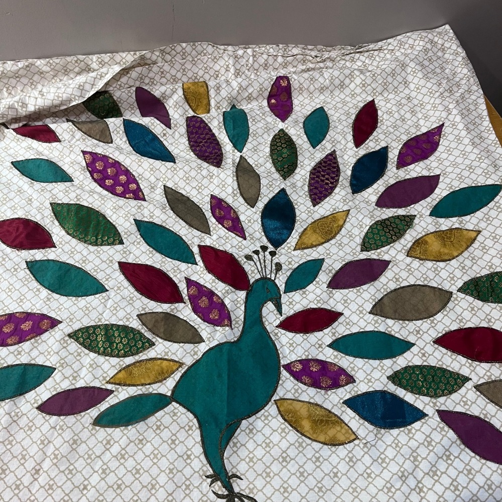 Pier 1 Imports Peacock Applique Cotton Shower Curtain‎ Boho Jewel Tone Vtg
